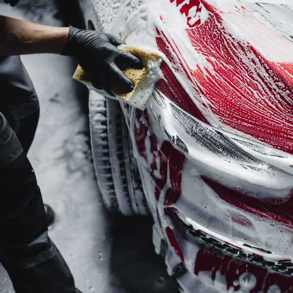 Ręka w czarnej rękawiczce trzymająca żółtą gąbkę, myjąca czerwony samochód pokryty pianą.